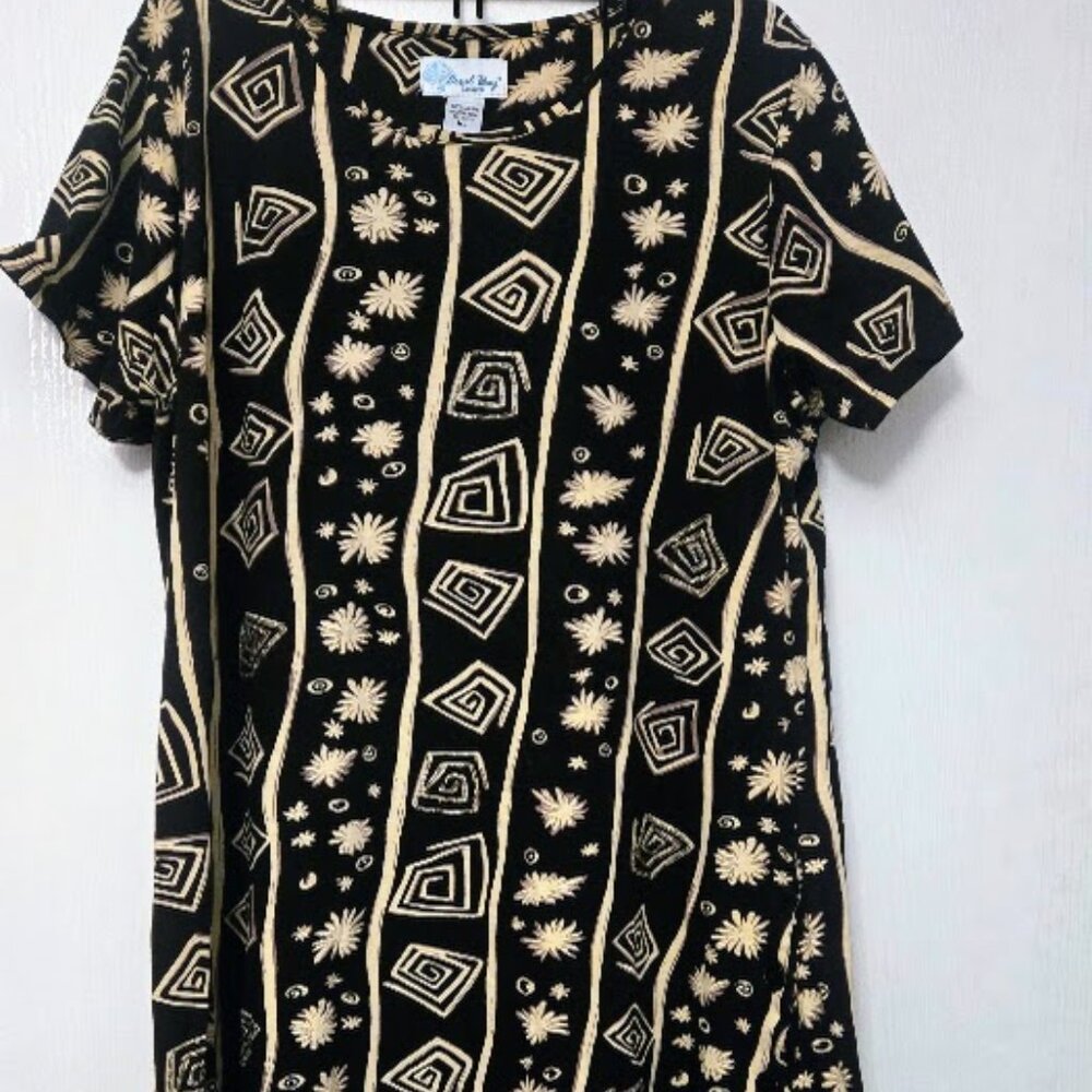Coral Bay black and tan tribal pattern cotton S/S midi dress Size XL NWOT - Picture 2 of 6